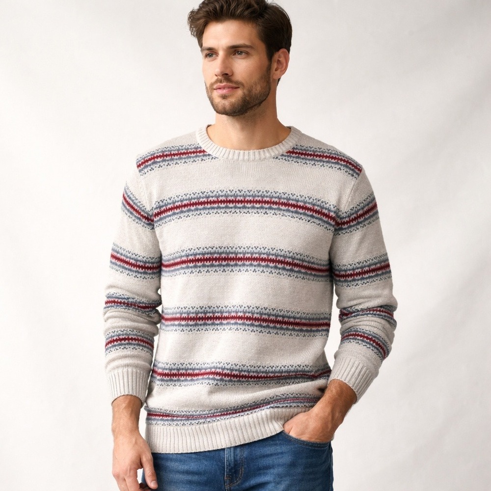 Chaps Sweater Mens XXL Nordic Fair Isle Stripe Crewneck Cotton‎ Wool Knit